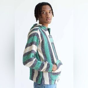 Unisex BAJA JOE Navy Teal Cream Drug Rug Sweater Hoodie Eco Friendly Size XL